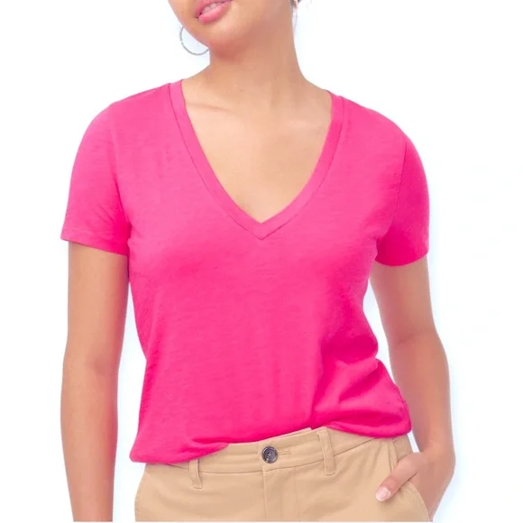 CREW Tee Vintage Slub Cotton Short Sleeve V Neck T-Shirt Sweet Fuchsia  Pink
